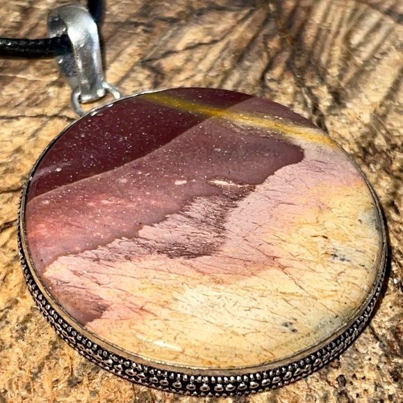 Detailed Round Burgundy & Yellow Mookaite Pendant 2” - Picture 10 of 15